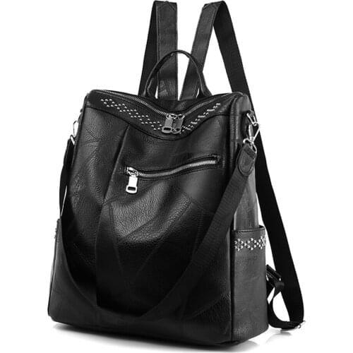 Vintage Women PU Leather Backpack Knapsacks Casual Ladies Preppy Style Solid Color Large Capacity Handbags