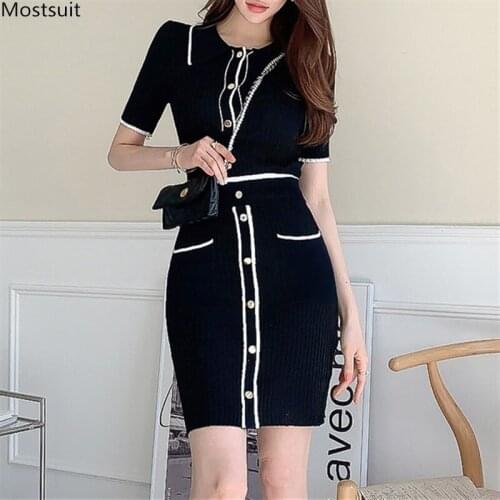 Summer Vintage Knitted Skirt Set For Women Elegant Two Piece Sets Short Sleeve Sweater Tops & Mini Skirts Set Suits Korean 2021