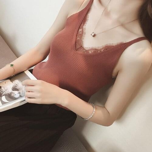 Women Summer Lace Tops Flower Solid Stitching V-neck Camisole Female Knitted Short Section Slim Outer Wear Shirt Trend Tank Tops