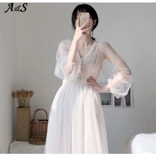 Anbenser Womens Fairy Dress Sweet Mesh Vestidos Autumn 2020 Sexy V Neck Apricot Dress Female Pleated Party Dresses Plus Size