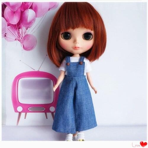 1/6 doll fashion casual clothes doll clothing Accessories Cowboy straps wide leg pants+ T-shirt for blyth 30cm
