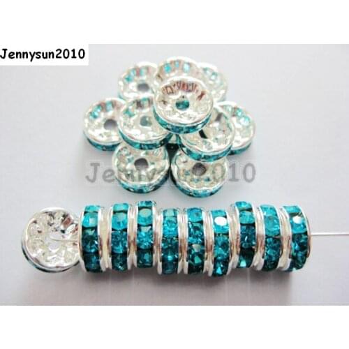 200pcs/lot 12mm Top Quality Czech Crystal Aqu Rhinestone Pave Rondelle Metal Silver Plated Spacer Loose Beads Jewelry
