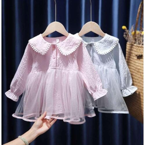 2021 Spring 6-13 Years Old Autumn Baby Girls Lace Dress Cute Long Sleeve Doll Collar Plaid Princess Children Infant Clothes