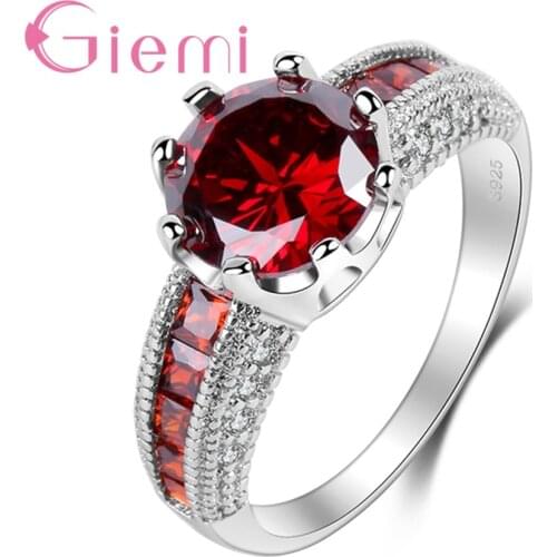 AAA+ Clear Cubic Zirconia Red Finger Rings 925 Sterling Silver Luxury Gift Female Jewelry Round Shape Drop Shipping