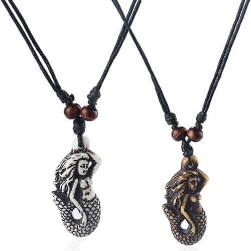 1pcs Faux Yak Bone Resin White/Brown Mermaid Charms Pendant Necklace Black Wax Cotton Cord With Wooden beads Surfer Necklace
