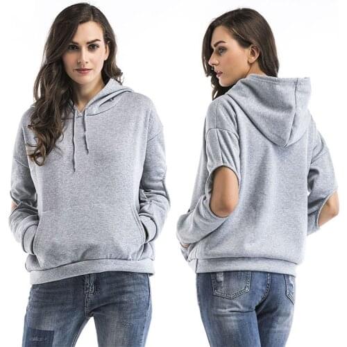 Neatie kiddie Fashion Solid Women Casual Hoodies Sweatshirt Cut Out Sleeve Pockets Streetwear Female Sweatshirts Clothes