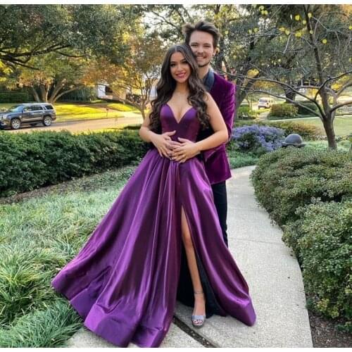 Long V-Neck Satin Prom Dresses with Pokcets A-Line Corset Back Purple Abendkleider Robes De Soirée Evening Gowns