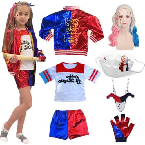 Halloween Kids Girls Suicide Harley Cosplay Costumes Squad Quinn Embroidery Jacket Pants All Sets Carnival Christmas Party