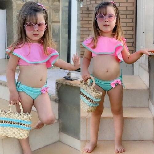 2021 New Summer Baby Kids Girl Two Piece Swimsuit Child Swimwear Ruffles Bow Water Sports Bikini Shoulder Beach Bathing Suit
