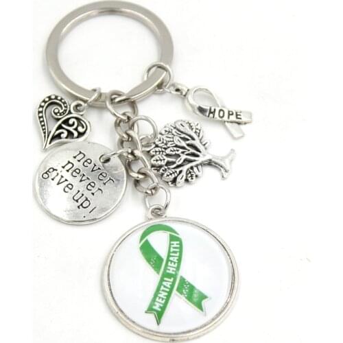 New Arrival Green Ribbon Mental Health Cancer Awareness Jewelry Never give up hope Charms Key Chain Keyrings Gifts