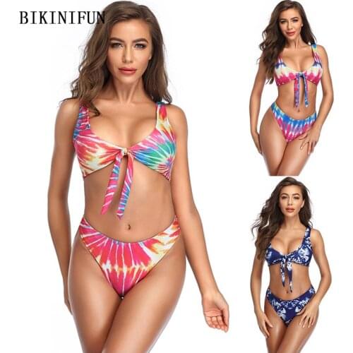 2020 New Sexy Scoop Neck Swimsuit Bow Knot Swimwear Colorful Print Beachwear S-L Girl Backless Bathing Suit Pullover Bikini Set