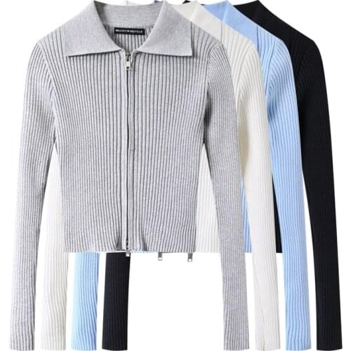 Slim Girls Casual Knitted Cardigan 2021 Spring-Autumn Fashion Ladies Lapel Knitwear Vintage Women Double Zipper Thread Sweater