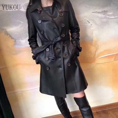 European Style Women Coats Fashion 100% Sheepskin Genuine Leather Long Real Sheepskin Windcoat Female Double Breasted Coat