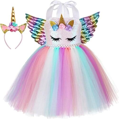 Girls Unicorn Dress Costume Princess Pastel Sequins Kids Unicorn Birthday Party Tutu Dresses for Girls Christmas Halloween Dress