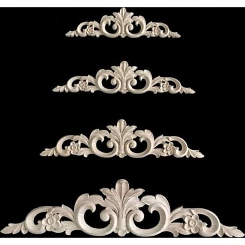 Flower Wood Carving Natural Appliques Furniture Cabinet Unpainted Wooden Mouldings Decal Decorative Figurine Ornaments