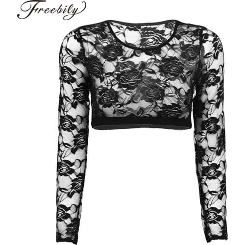 Sexy Soft Lace Floral Crop Tops Women Summer Tshirt Transparent Mesh Sheer Cropped T Shirt Female Party Club T-Shirt Blusa