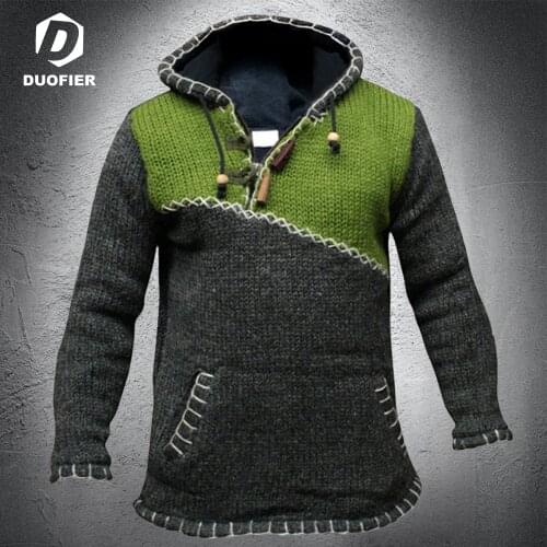 Pullover Sweater Men Autumn New Fashion Casual Hoodie Jacket Wool Knit Patchwork Harajuku Streetwear Hooded Knitwear Hit Color