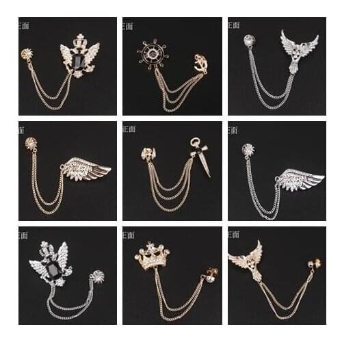 20pcs/lot Vintage Crystal Tassel Chain Brooch Pin Crown/Wing/Sword/Anchor Rudder 12 Styles Lapel Pin Men Suit Accessory Jewelry