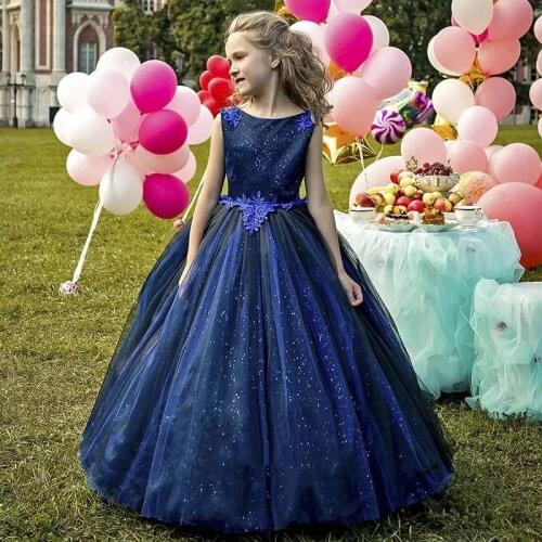 Royal Blue Girls Dresses Long Bow Princess Backless Girls Wedding Dress Praty Dress Vestido de niña ET0414