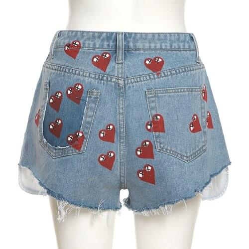 Heart Print Denim Trousers Women Sexy Booty Shorts Ripped High Waisted Jeans High Waist Streetwear