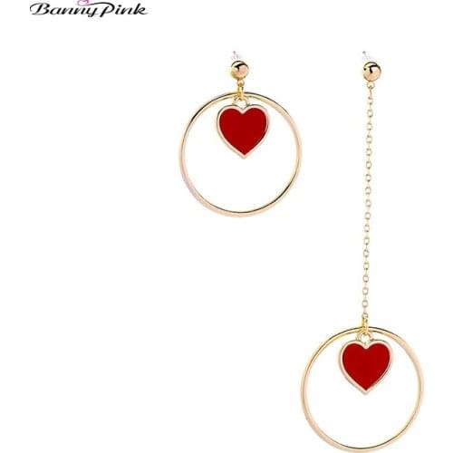 Banny Pink Sweet Red Enamel Heart Stud Earrings For Women Asymmetric Geometric Round Circle Pendant Post Earrings Party Earrings