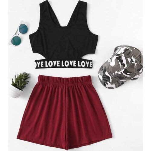 Crop Tank Top And Casual Shorts Pajama Set Women Letter Printed Set Two Piece 2019 V-Neck Open Waist Top And Shorts Pajama Set