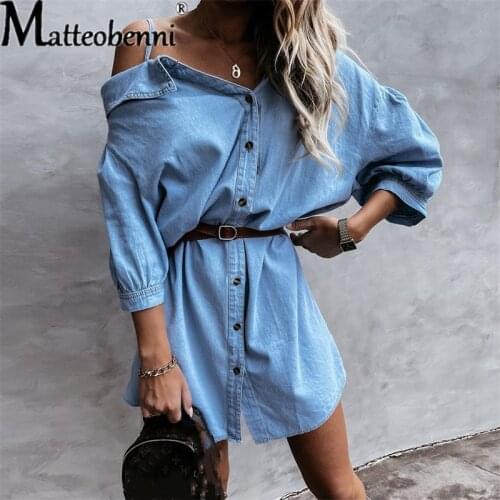 Women Denim Dresses Spaghetti Straps Half Lantern Sleeve Shirts Dress 2021 Autumn Ladies Casual Loose Jeans Dresses Vestidos