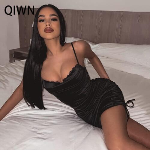 Night Club Party Woman Dress 2021 Summer Sexy Satin Lace Robe Bodycon Mini Dresses Elegant Ruched Drawstring Backless Vestidos