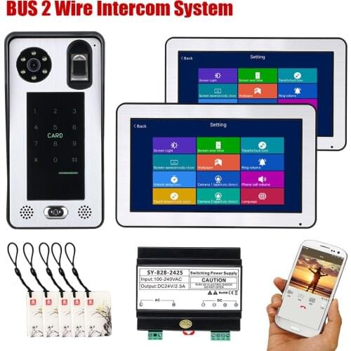 Wireless Wifi 2 10 Inch Monitors BUS 2 Wire Fingerprint RFID Video Door Phone Intercom system Handfree Remote APP View Unlock