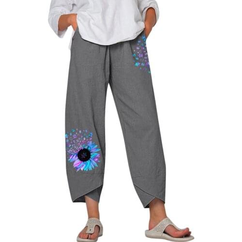Vintage Women Pants Lady Casual Flowers Print Elastic Waist Wide Leg Pants Cotton Linen Trousers Loose Comfortable Cropped Pants