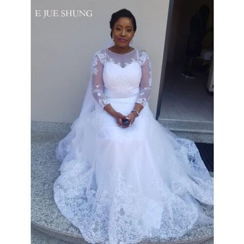 E JUE SHUNG White lace appliques Mermaid Wedding Dresses 3/4 Sleeves Lace up Back Wedding Gowns Bride Dress robe de mariee