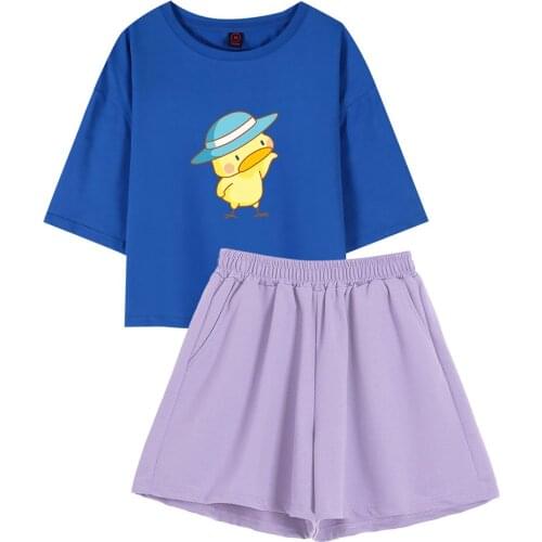 Duck Print T Shirt Cotton Harajuku Crop Tops Casual Outdoors Clothes High Waist Go with Bottoms Shorts for Women Sets Cute Shirt