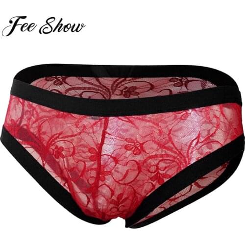 Sissy Briefs Men See-through Mesh Gay Panties Underpants Floral Lace Briefs Male Low Waist Elastic Waistband Lingerie Underwear
