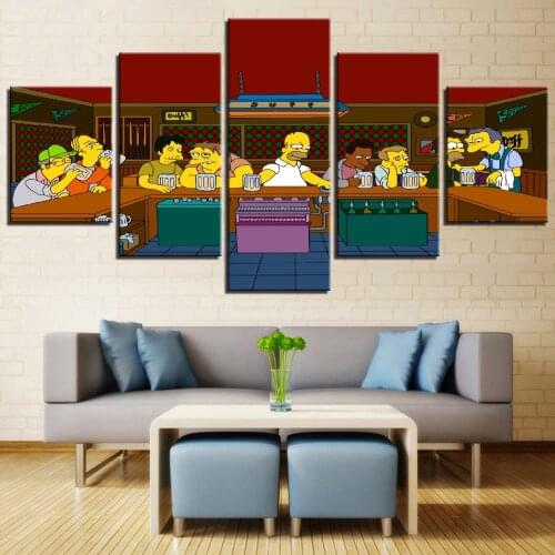 Wall Art Pictures Frame 5 Pieces Simpson at Bar Anime Characters Canvas Painting Decoration HomeLiving Room HD Prints Posters