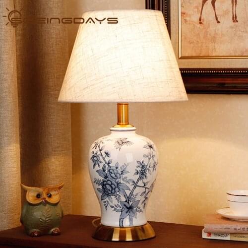 Chinese Blue Bamboo and Bird CeramicTable Lamp Painted Blue and White Porcelain Table Lamp Living Room Bedroom Bedside Lamp