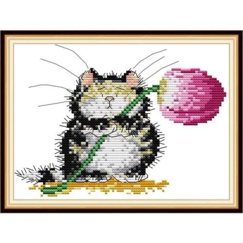 Kitten giving flowers cross stitch kit aida 14ct 11ct count printed canvas stitches embroidery DIY handmade needlework