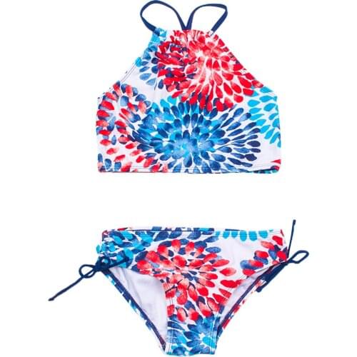 4-14Years Children Girls Swimwear Summer Floral Hanging-Neck Two-piece Swimsuits Kids Girl Drawstring Bathing Suit 6 Colors