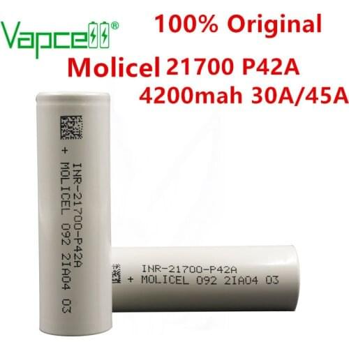 Vapcell original li ion battery molicel rechargeable 21700 4200mah 30A / 45A P42A 3.7V cell lithium batteries for flashlight