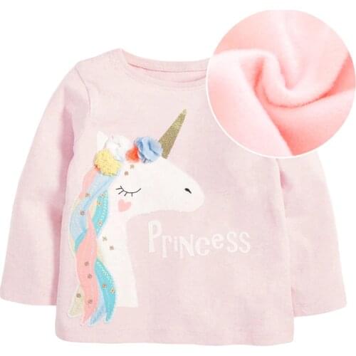 Little Maven 2020 Autumn Winter Baby Girls Clothes Children Long Sleeve Unicorn Applique Add Velvet T Shirt for Kids 2-7 Years