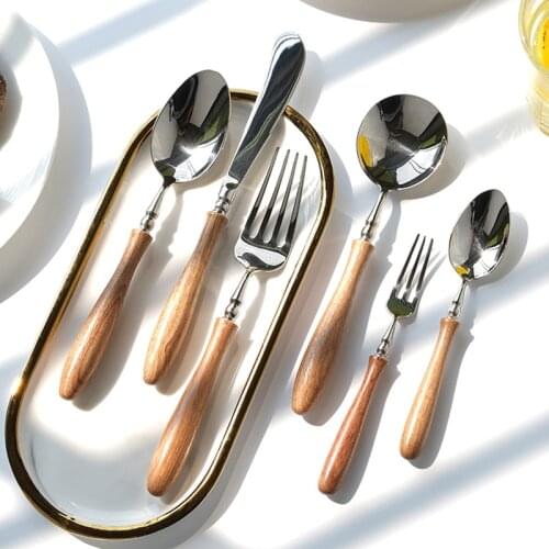 4/6-Piece 18/8 Stainless Steel Flatware/Cutlery Set, Fork Knife Spoon Set with Wood Handle, Serving Utensil Set
