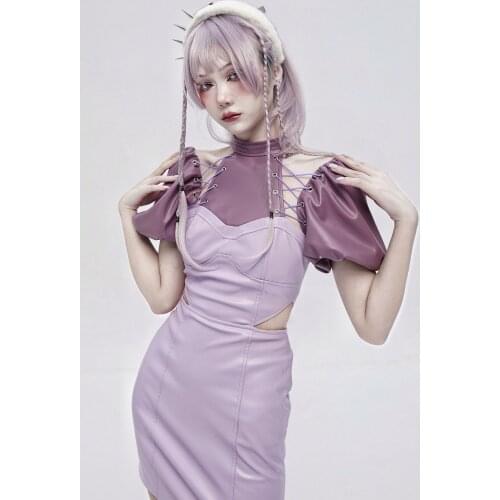 Original Punk Hot Girl Matte Leather Purple Bodycon Dress Short Bubble Sleeve Lace-up Hollow Out Sweet Korean Mini Dress Summer