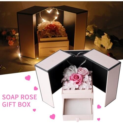 Soap Rose Flower Gift Box with LED Light Valentines Day Wedding Engagement Jewelry Gift Box Packaging for Necklace Earring