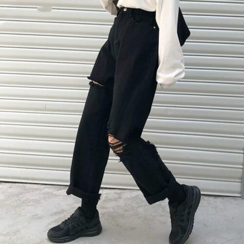 Streetwear Black Jeans Women Denim Hole Zipper Button Pockets Loose Straight Casual Trousers Korean Trendy Retro Harajuku Womens