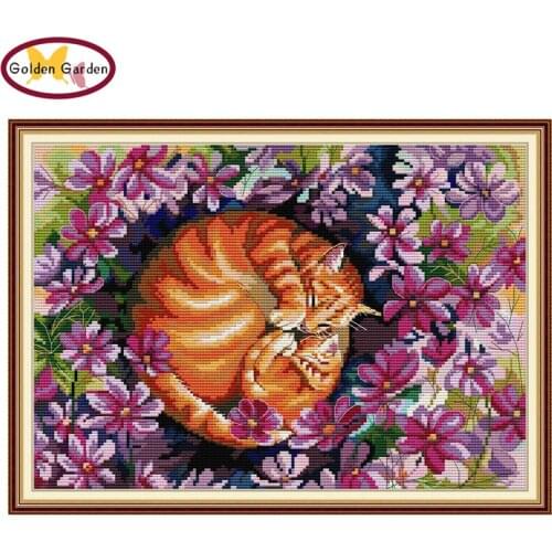 GG Cat In Flowers Joy Sunday Animal Cross Stitch Embroidery Needlework 11CT14CT Cotton Canvas Cross Stitch Set for Home Decor