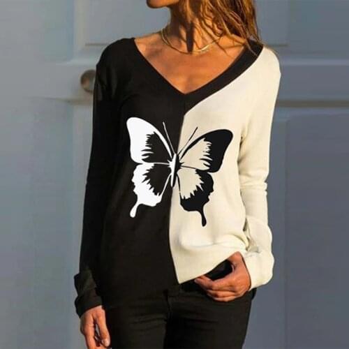 Fashion Retro V-Neck Stitching Butterfly Print T-Shirt For Women Pattern Floral Long Sleeve Tee Shirts Autumn Loose Pullover Top