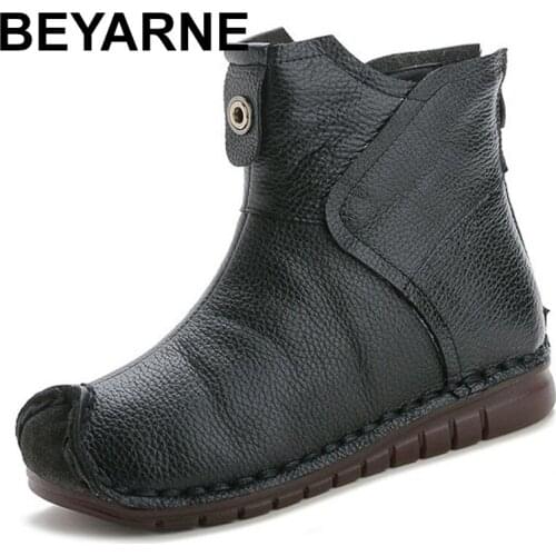 BEYARNE Women Genuine Leather Ankle Boots Flats Pleated Ladies Zip Plush Warm Winter Shoes Female Fashion Soft Sewing RetroShort