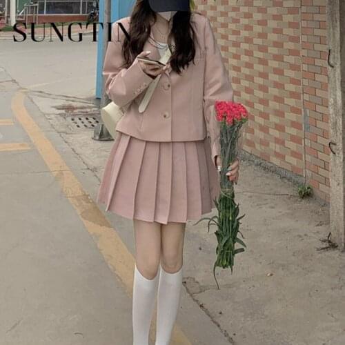 Sungtin Women 2 Piece Sets Solid Long Sleeve Short Loose Blazers Casual Korea Chic Plaeted Skirts Harajuku Student Uniform Suit