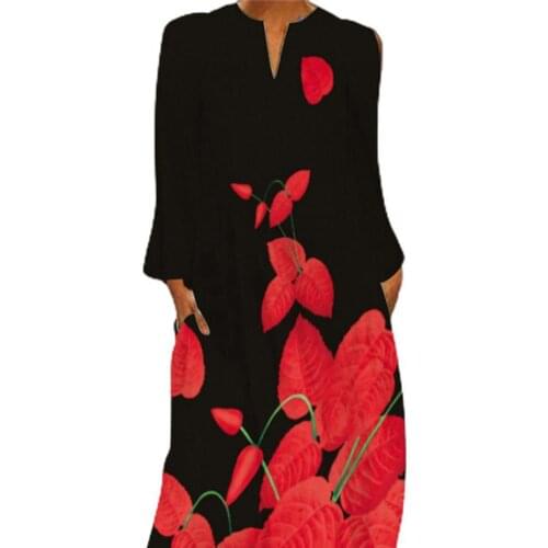 Long Dress Vintage Print V Neck Women Long Sleeve Large Hem Insert Pockets Dress Beachwear Plus Size 4XL