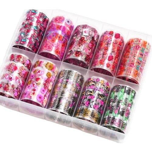 1Box Valentines Nail FOIL STICKER Set 10 Rolls Flowers Letters Love Heart Transfer Slider Nails Art DIY Polish STICKERS&DECALS
