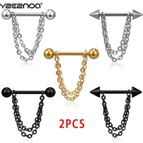 2Pcs/Set Pierced Nipple Breast Rings Nail Barbell Stainless Steel Chain Pendant Body Piercings Jewelry 5 Styles